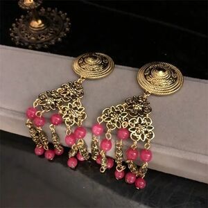 Gold Stone Bead Fringe Dangle Earrings Vintge Style Long Tassel Charm Drop Retro